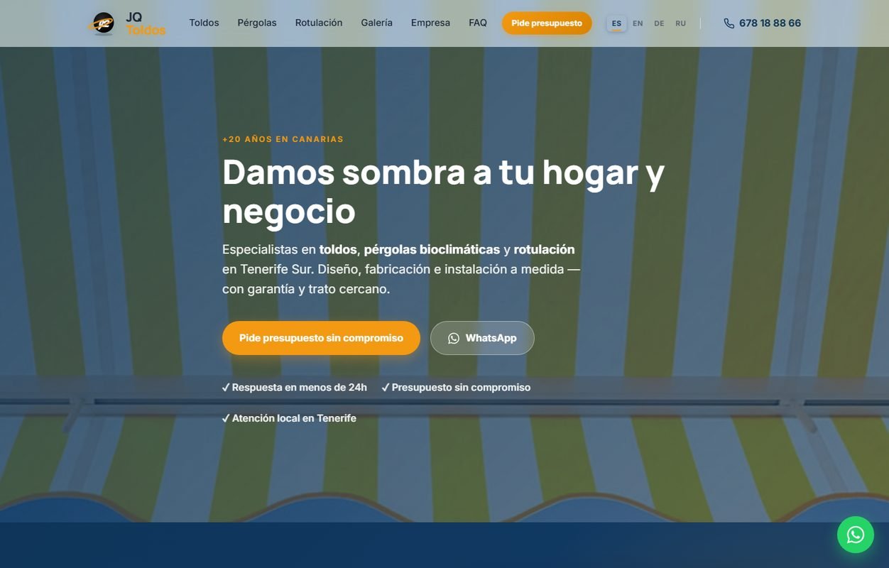 Web de JQ Toldos, especialistas en toldos y pérgolas