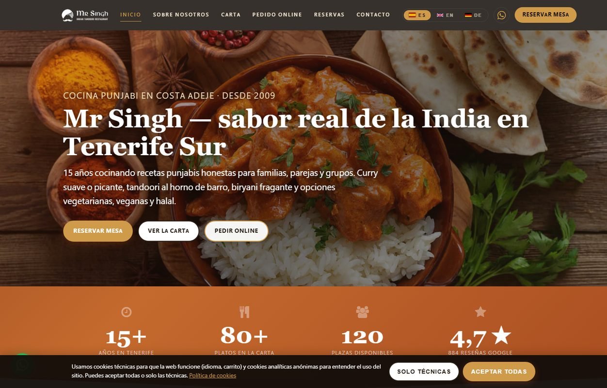 Web de Mr Singh con reservas y pedido online